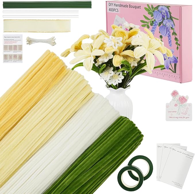 400 Pcs Pipe Cleaners Craft Set,4 Colors Chenille Stems Bulk with Floral Wires, Gardening Tape,Hot Glue Stick,Greeting Card,Bouquet Paper, Stamen & Ribbon, Flowers Craft kit for DIY Handmade Bouquet-DeskLoop Office