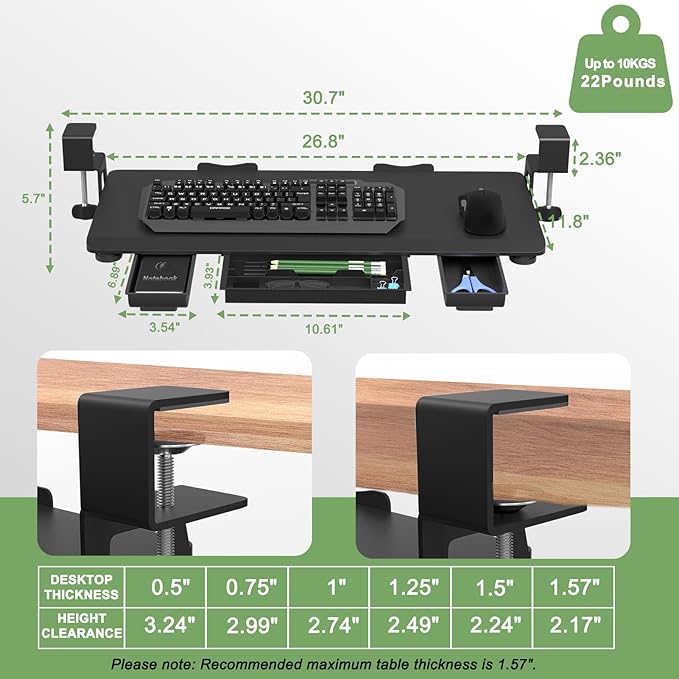 Keyboard Tray Under Desk Slide Out with Drawer, 27"x 11.8" Large Size, Pull Out Desktop Extender Holder with Sturdy C-Clamp Mount for Home Office, Black-DeskLoop Office