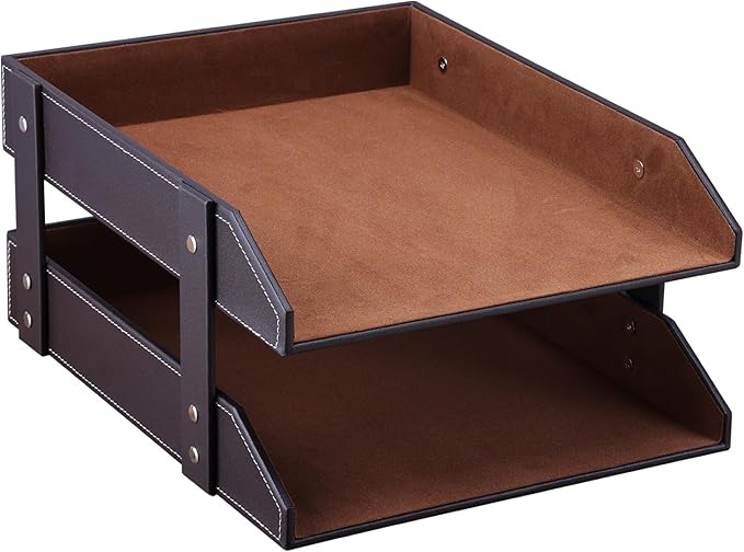KINGFOM Letter Tray, Leather Paper Organizer Tray, Wooden Desk File Holder, Desktop File, Stackable Magazine Holder, Mail Sorter, Great for Home or Office - 2 Level Brown-DeskLoop Office