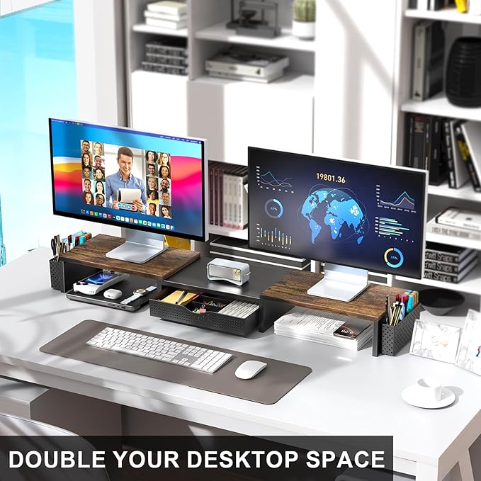 gianotter Dual Monitor Stand Riser, Desk Organizer With Drawer and 2 Pen Holders,Computer Monitor Stand, Desk Shelf for Top of Desk, Wood-DeskLoop Office