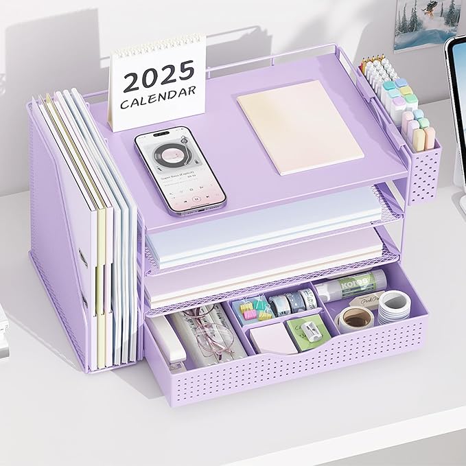 Wood Desk Organizers and Accessories with File Holder, 4-Tier Desk Accessories & Workspace Organizers with Drawer and Pen Holder, Paper Organizer for Office Supplies (Purple)-DeskLoop Office