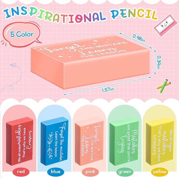 Nezyo 150 Pcs Inspirational Erasers Bulk for Kids Back to School Gifts Neon Colored Pencil Erasers Motivational Reward Supplies for Classroom Students Drawing-DeskLoop Office