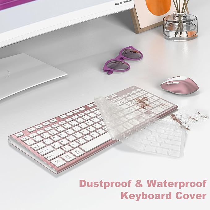 FENIFOX Wireless Keyboard and Mouse, Ergonomic Rechargeable Silent Quiet Slim Compact Full-Size USB C with Number Pad Flat Soft Cover for PC Computer Laptop Mac MacBook iMac Windows - Pink Rose Gold-DeskLoop Office