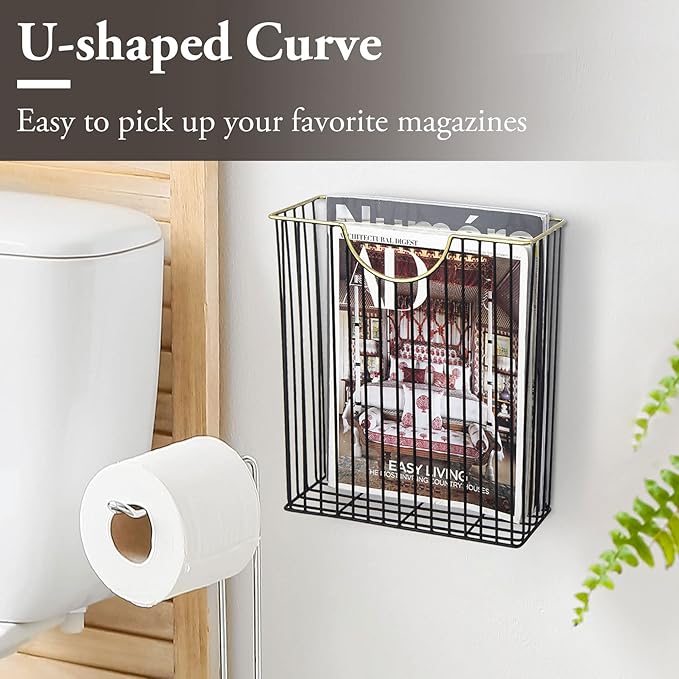 MyGift Art Deco Style Matte Black Metal Wire Magazine Rack with Brass Tone Rim - Wall Mounted Holder Storage Basket for Mail - Handcrafted in India-DeskLoop Office