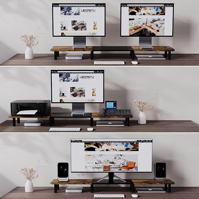 43.7" Extra Long Dual Monitor Stand Riser, Wood & Steel Monitor Stand for 2 Monitors, Wide TV Stand, Desktop Riser for Desk Organization, Home Office、Laptop,Printer,TV (Vintage black)-DeskLoop Office