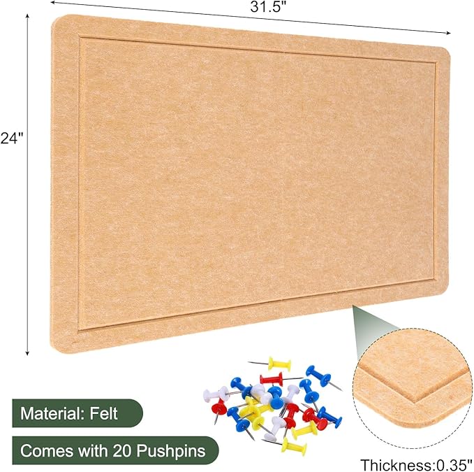 YOKIVE Felt Bulletin Board, 31.5 x 24 -Inch Foldable Decorative Pin Board Self Adhesive Felt Cork Board with 20 Pushpins, Great for Wall, Photo Display, Paste Note, Schedule(Beige Brown)-DeskLoop Office