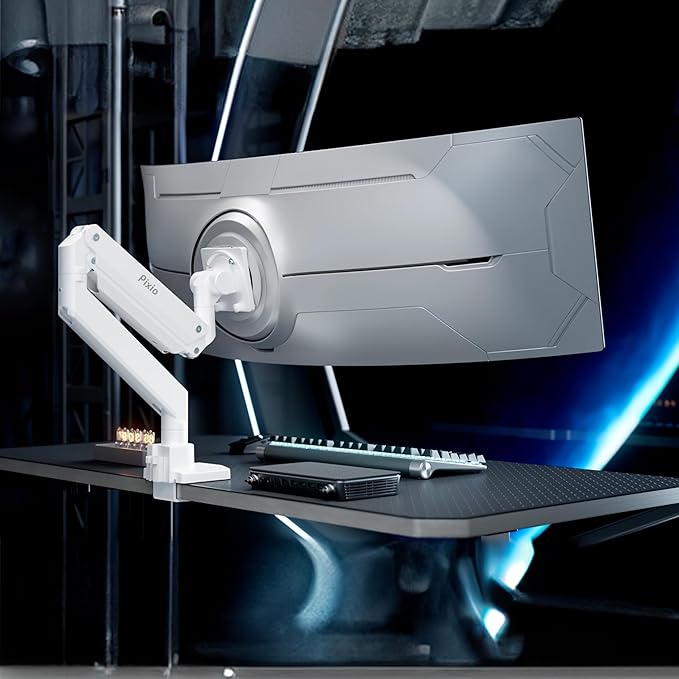 Pixio PS2S Titan White Ultrawide Mega Heavy-Duty Premium Single Monitor Arm Stand fits up to 57 inch Monitors Holds up to 59.4lbs VESA Compatible Integrated Cable Management-DeskLoop Office