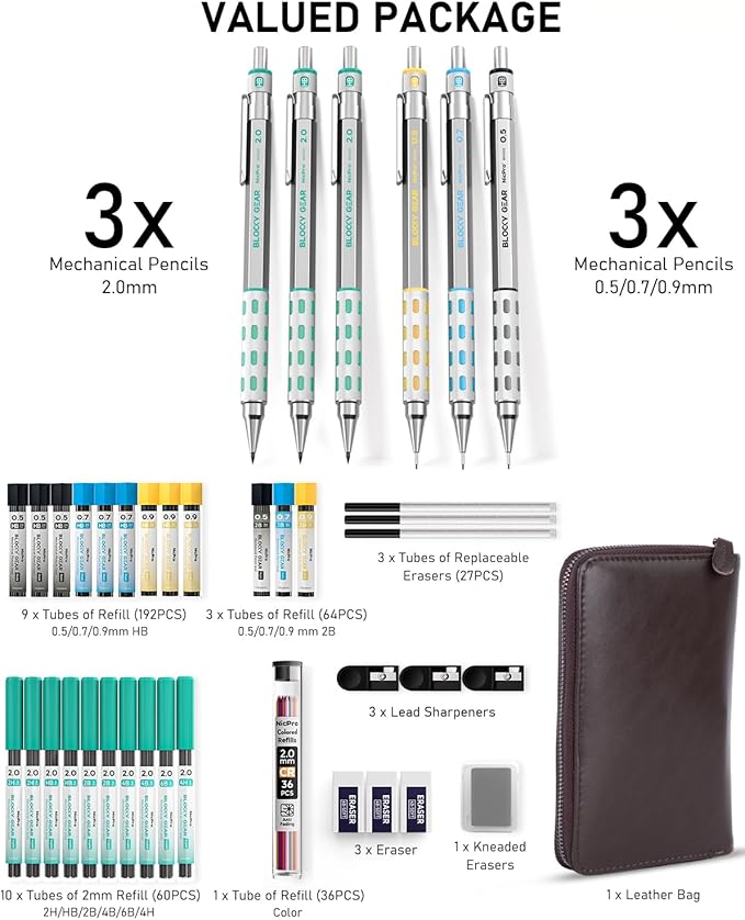 Nicpro Blocky Gear Metal Mechanical Pencil Set with Leather Case, 40PCS Art Drafting Pencil 0.5, 0.7, 0.9 & 2mm Lead Pencil with 352PCS (HB 2H 4H 2B 4B 6B Color) Lead Refills for Sketching Drawing-DeskLoop Office