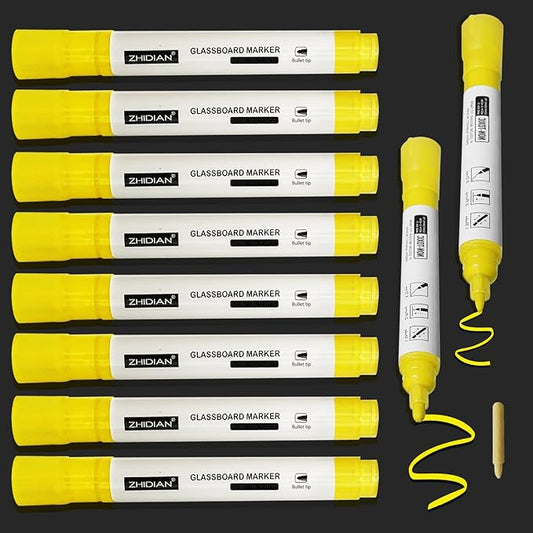 Bright Yellow Dry Erase Markers for Black Glass Board, 2-in-1 Reversible Dual Tip - Bullet & Fine, Easy Clean Grip Liquid Chalk Pens for Acrylic Board, 10 Pack-DeskLoop Office