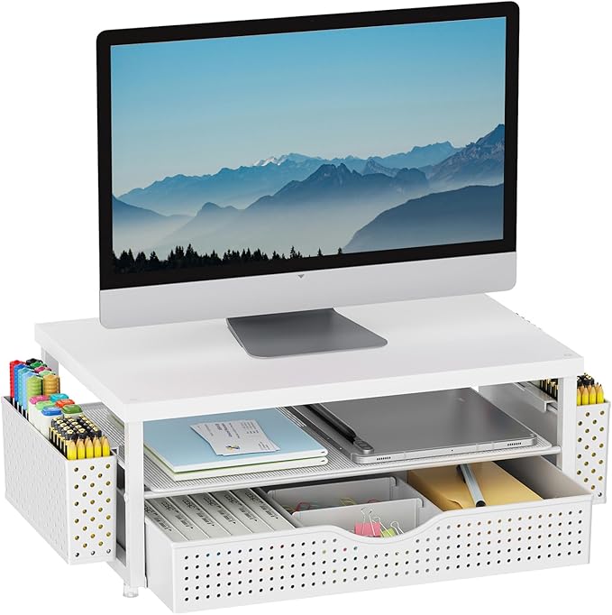 gianotter Wood Monitor Stand Riser, Office Desk Shelf Organizer, Desk Organizer with Drawer and Pen Holder, 2-Tier Computer Stand, Office Organization (Matte White)-DeskLoop Office