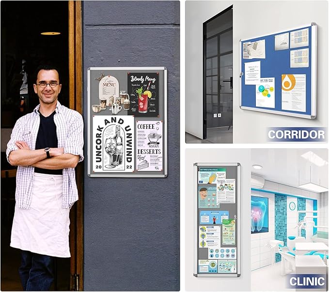 SWANCROWN Pins Bulletin Board Enclosed Lockable Noticeboard Glass Display Case for Home Office School,Blue Fabric,38"x38" (12xA4)-DeskLoop Office