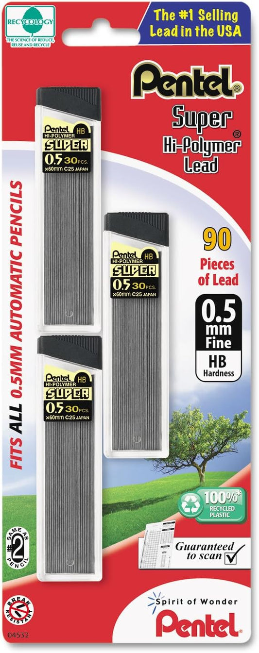 Pentel C25BPHB3K6 Super Hi-Polymer Lead Refills, 0.5mm, HB, Black, 30/Tube, 3 Tubes/Pack-DeskLoop Office