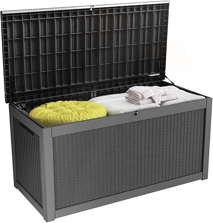 100 Gallon Resin Deck Box, Waterproof Outdoor Storage Bin for Patio Furniture, Pool Accessories, and Garden Tools, Lockable & UV-Resistant, Black-DeskLoop Office