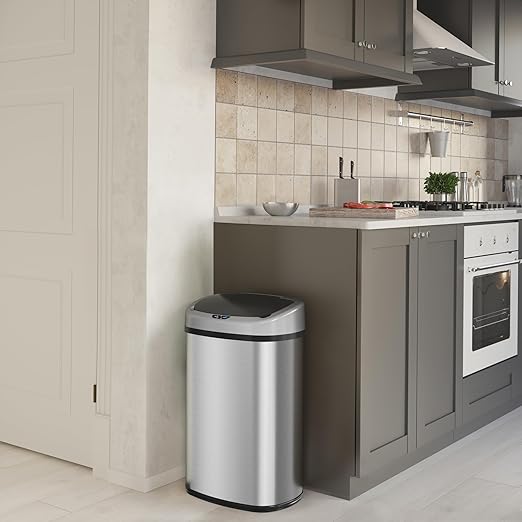 iTouchless 13 Gallon Stainless Steel Kitchen Trash Can with Sensor 2.0 Tech Touchless Lid and AbsorbX Odor Filter, Oval Slim Space-Saving Automatic Garbage Bin for Home, Office, Business, Restroom-DeskLoop Office