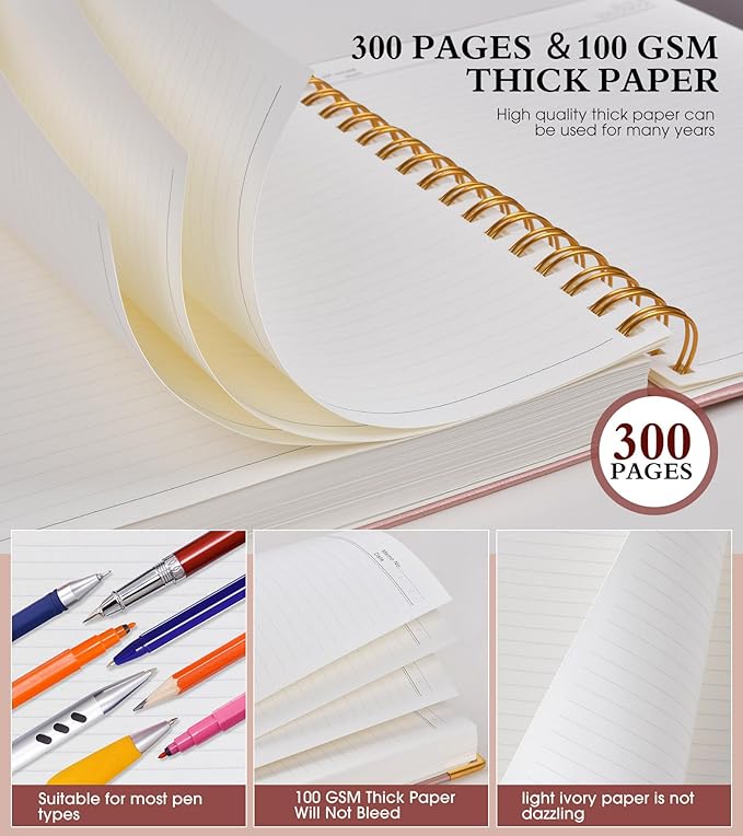 Spiral Notebook Journal 8.5” x 11”, 300 Pages Hardcover Leather Lined Journals for Women Men, A4 Large College Ruled Notebooks with 100 GSM Thick Paper, Spiral Journal for Writing Work School, Pink-DeskLoop Office