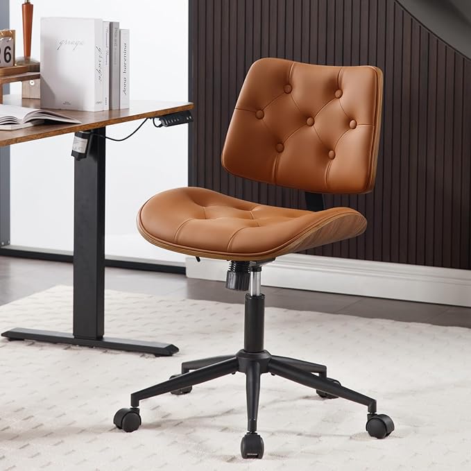 Armless Home Office Chair with Wheels, PU Leather Adjustable Height Computer Desk Chair, 360 Swivel Small No Arms Chair, Modern Button Walnut Style for Office, Reading Meeting Room(Brown)-DeskLoop Office