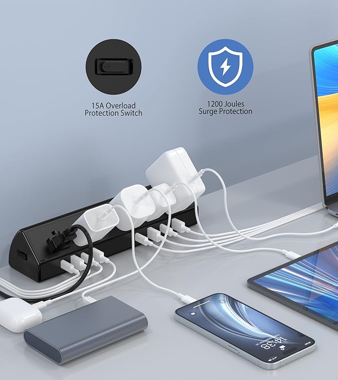 45W Fast Charging Station,Desk Clamp Power Strip,4 PD USB-C Ports,5 AC Outlets,Surge Protector Power Strip, 14AWG Heavy Duty Cord, Fits 1.9" Tabletop Edge (Black, 20 FT Cable)-DeskLoop Office