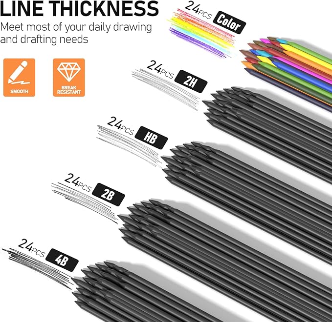 Four Candies 3PCS 2MM Mechanical Pencils with case, Artist Led Pencil Metal Lead Holder with 120 Graphite Lead Refills(HB 2H 2B 4B Color), 4 Erasers, Sharpener, Drafting Pencil for Drawing, Sketching-DeskLoop Office