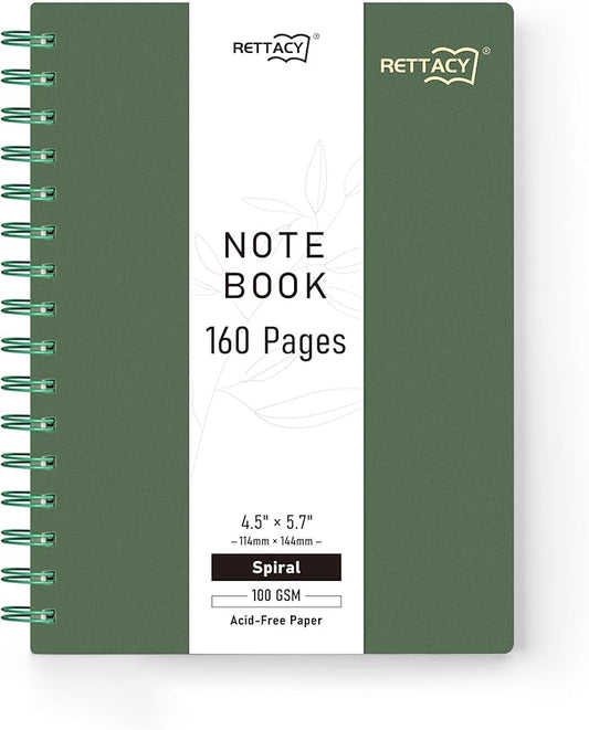 RETTACY Pocket Journal Notebook, 160 Lined Pages, A6 Mini Small Size (4.5" × 5.7"), for Work, Journaling, Writing, 100 GSM Thick Paper, Spiral-bound, Flexible Plastic Cover (Dark Green)-DeskLoop Office