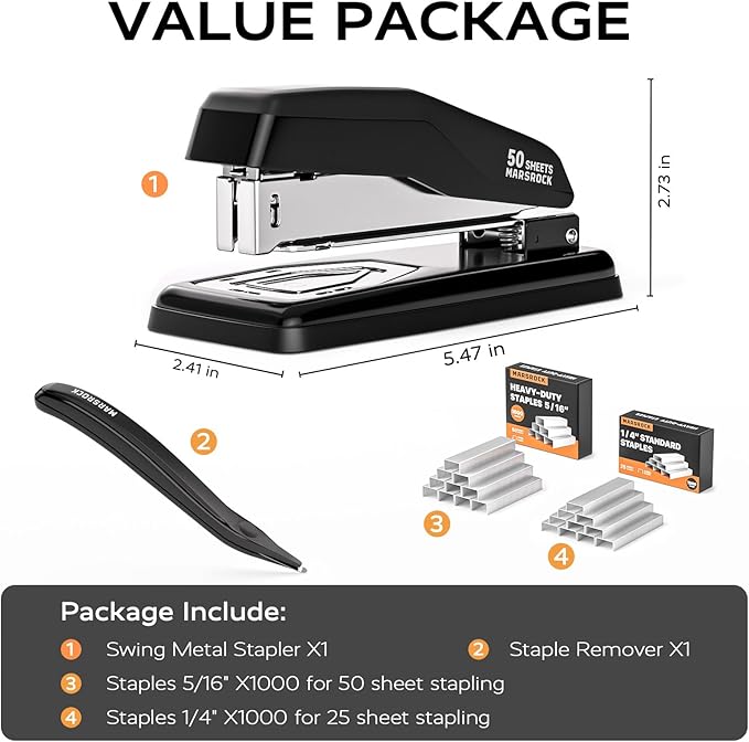 Desktop Stapler, Swing-Arm Swivel Stapler, 50 Sheet Capacity, 2000 Staples and Staple Remover, Rotatable Heavy Duty Staplers for Office, Home, Classroom, Booklet, Book Binding,Black-DeskLoop Office