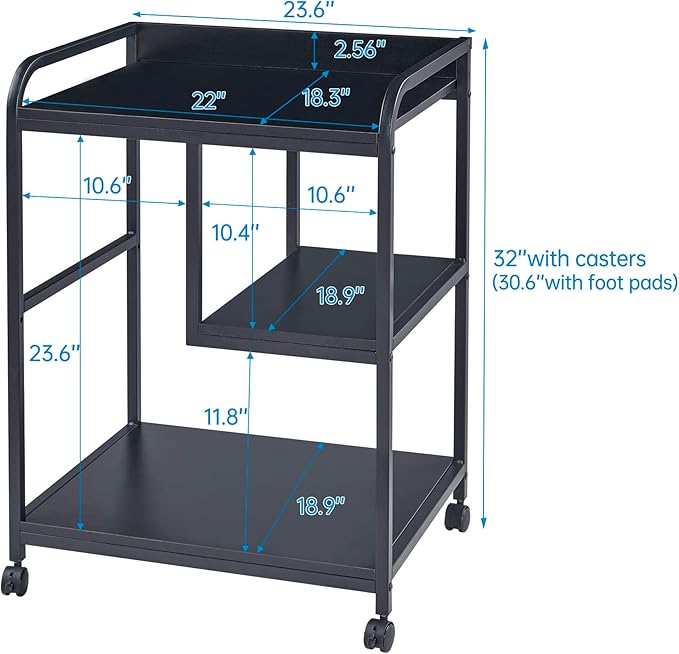 Printer Stand with Storage Shelf for Home Office Organization, 22 x 18 Inch Large Printer Table with Wheels, Shredder Stand, CPU Stand, Rolling Cart for Host Computer, PC Tower, Desktop- Black-DeskLoop Office