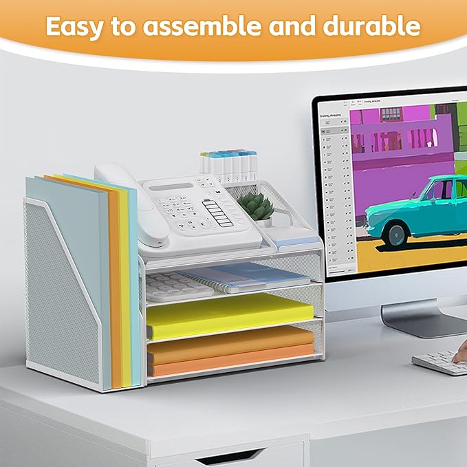 DocNest 4 Tier Paper Letter Tray File Organizer, Mesh Desk File with Handle, Workspace Desk Organizers with Pen Holder, Office Organization Storage Accessories - White-DeskLoop Office
