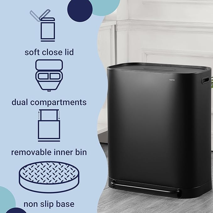 happimess HPM1014B Beni Kitchen 16-Gallon Double-Bucket Step-Open Trash Can with Soft-Close Lid, Modern, Minimalistic, Fingerprint Proof for Home, Kitchen, Laundry Room, Office, Bathroom, Black-DeskLoop Office