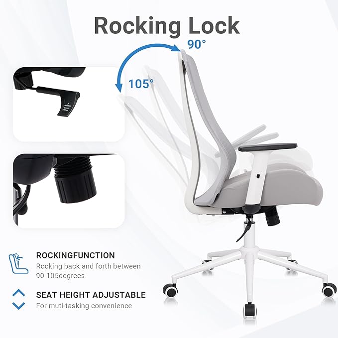 HYLONE Office Chair, 5" Thickened Seat Ergonomic Desk Chair with Adjustable Armrests, Home Office Computer Chairs for Long Hours Mesh Executive Chair(White Base&Grey)-DeskLoop Office