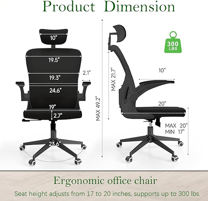 Ergonomic Office Chair, High-Back Mesh Computer Desk Chair with Adjustable Height, Lumbar Support, Flip-Up Armrests,headrest,and Swivel Rolling Design for Home and Office Use