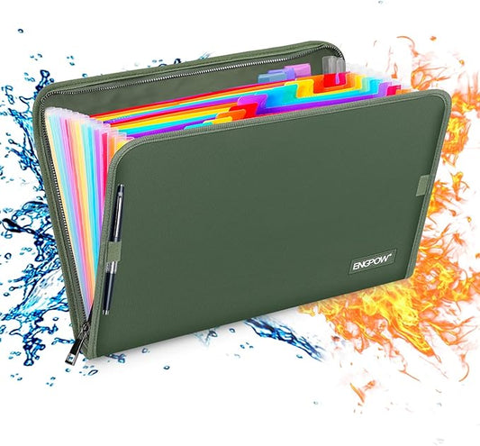 ENGPOW 13 Pocket Expanding File Folder,Fireproof Accordion File Folder Document Organizer with Zipper Closure,Document Folder Safe with Colorful Tabs,A4 Letter Size for Travel,Home,Office,Green-DeskLoop Office