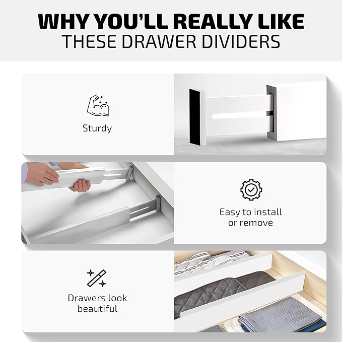 4 Pack Drawer Dividers Bamboo 2.6" High, 12.5"-17" Adjustable Drawer Organizers for Clothes, Expandable Dresser Separators in Bedroom/Bathroom/Kitchen/Office Organization and Storage (White)-DeskLoop Office