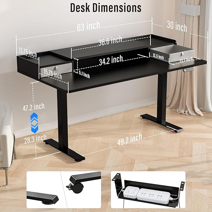 Standing Desk with Drawers,Thickened Table Legs Sit Stand Desk Electric for Home Office & Gaming,Ergonomic Stand Up Desk Cable Management Tray(Classic Black) (Classic Black, 63″ x 30″)-DeskLoop Office