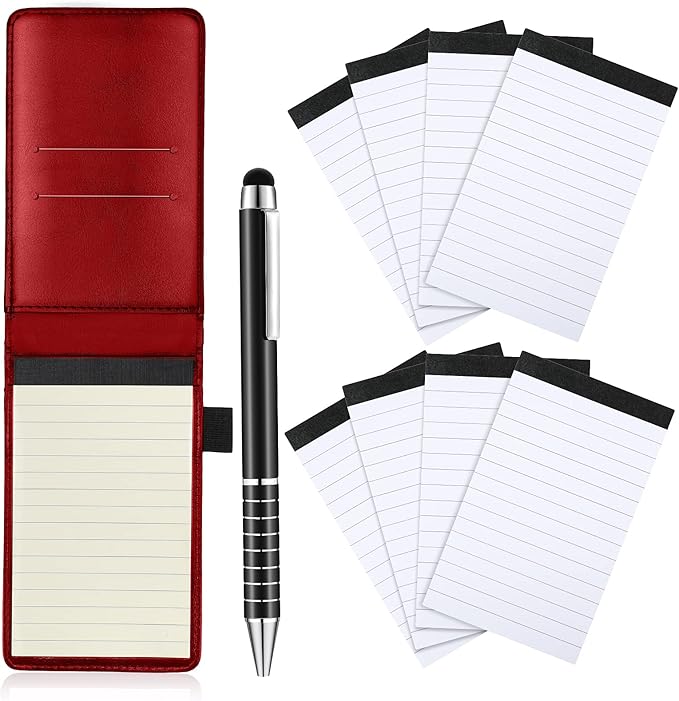 Outus 10 Pcs Pocket Notebook with Pen Set Included Mini Pocket Notepad Holder with 50 Lined Sheets, Metal Pen, 8 Pcs 3 x 5 Inch Memo Book Refills, 30 Lined Paper Per Note Pad (Red)-DeskLoop Office