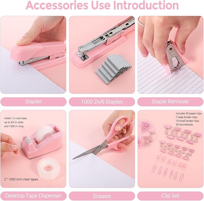 SKYDUE Pink Office Desk Accessories, Pink Office Supplies, Stapler, Tape Dispenser, Scissors, Clips and 1000pcs Staples,Office Supplies for Desk for Women-DeskLoop Office