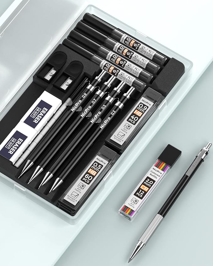 Nicpro Black Art Mechanical Pencil Set in Case, Metal Drafting Pencils 0.3, 0.5, 0.7, 0.9 & 2mm Graphite Holders (2H HB 2B 4B Colored Lead) for Sketching Drawing with 9 Lead Refills, 2 Erasers-DeskLoop Office