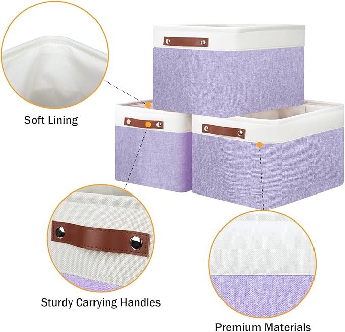 DULLEMELO Storage Baskets for Organizing, Shelves,Bedroom, Decorative Storage Bins with Leather Handles, Fabric Storage Basket for Office, Toys(3-Pack, White&Purple)-DeskLoop Office