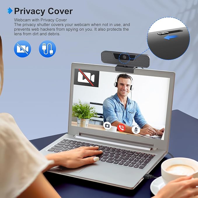 4K Auto Focus Webcam for PC, 4 AI Noise-Canceling Mics UHD Web cam, Auto Light Correction, 85°FOV Computer Web Camera, USB C Plug&Play Webcam with Tripod & Privacy Cover Works w/Zoom/Skype/Google-DeskLoop Office