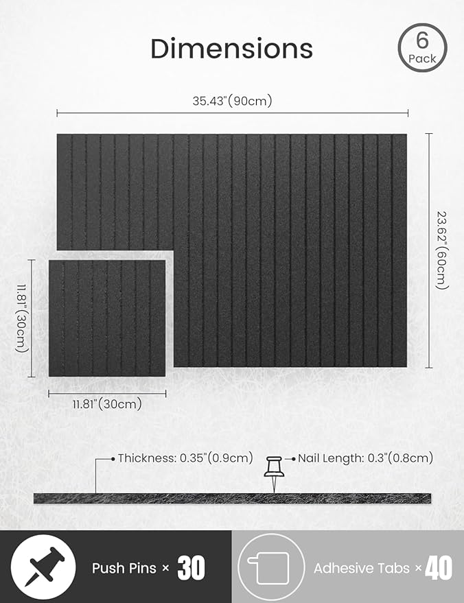 Bumusty Large Cork Board Alternative-36 x24 Felt Bulletin Board Tiles, with 30 Pushpins, 40 Adhesive Tabs, 6-Pack Slat Wall Paneling, Cork Boards for Office Push Pin Board Felt Board-Charcoal Gray-DeskLoop Office