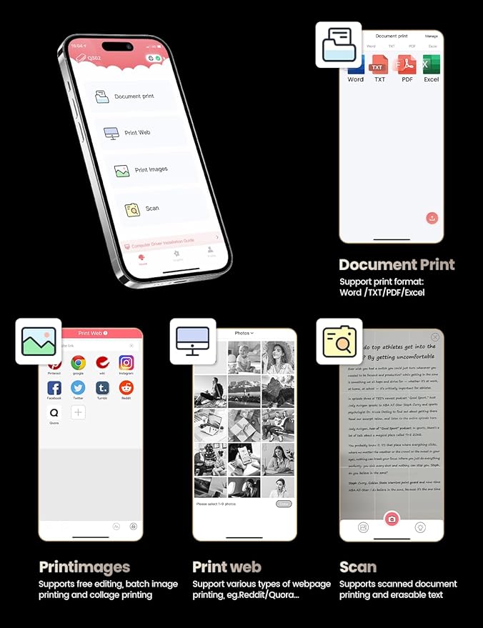 Phomemo Upgraded Q302 Portable Printer, Ultra-High 300dpi Inkless Printer Silent Printing, Wireless Bluetooth Thermal Printer Compatible with Phone & PC, Compact Printers for Business Travel-DeskLoop Office
