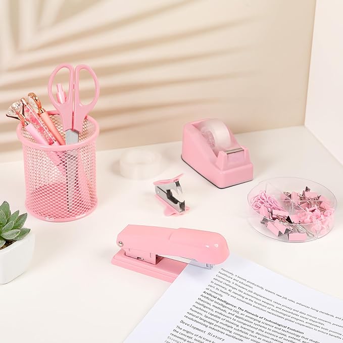 SKYDUE Pink Office Desk Accessories, Pink Office Supplies, Stapler, Tape Dispenser, Scissors, Clips and 1000pcs Staples,Office Supplies for Desk for Women-DeskLoop Office