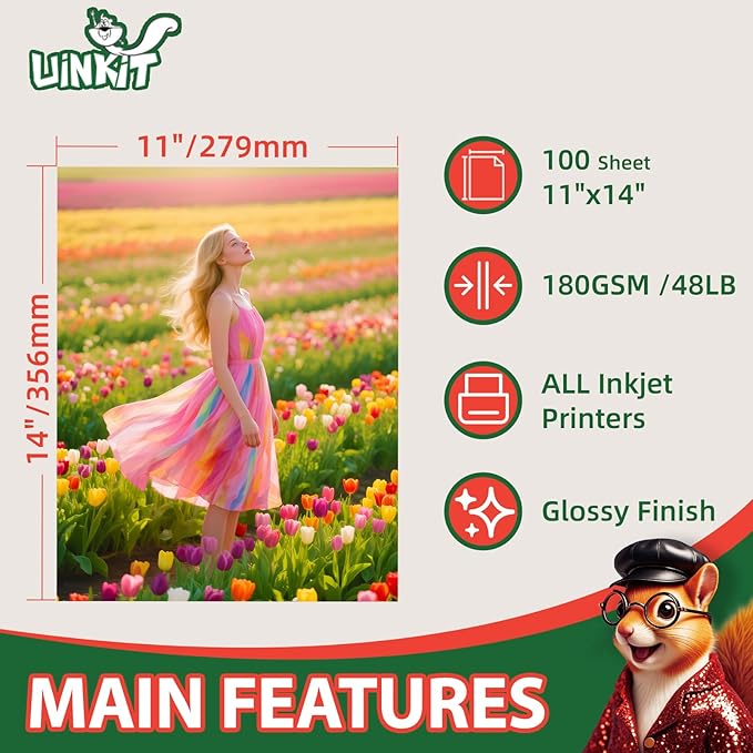 Uinkit 180gsm Glossy Photo Paper 11x14 Inches - 100 Sheets for Dye Ink | Quick Dry, No Smudging | Single-Sided Pro Finish, Thick 48lb No Curling
