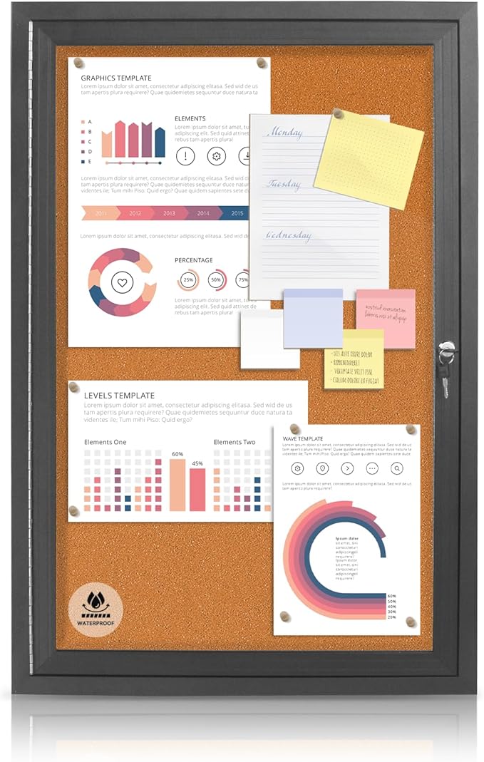 36x24 Inch Outdoor Enclosed Bulletin Board with Locking Door - Weatherproof & Tamperproof Cork Notice Board - Black Aluminum Frame-DeskLoop Office