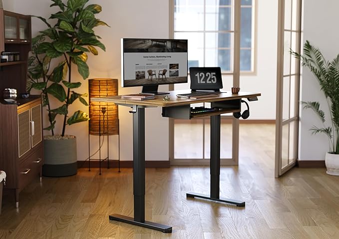 YDN Standing Desk with Keyboard Tray, 48 Inch Height Adjustable Desk, Brown Stand Up Desks for Home and Office, 48inch Rustic Brown-DeskLoop Office