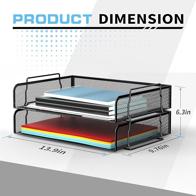 2 Tier Stackable Letter Tray, Metal Mesh File Storage Desktop Organizer for Home Office, Black-DeskLoop Office