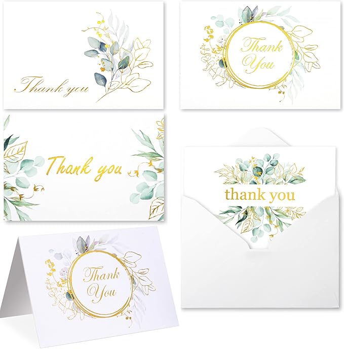 100 Bulk Thank You Cards with Envelopes White and Greenery Gold Foil β Floral watercolor Cards Thank You Notes with Envelopes and Eucalyptus leaves for Wedding Bridal Baby Shower Graduation Fune