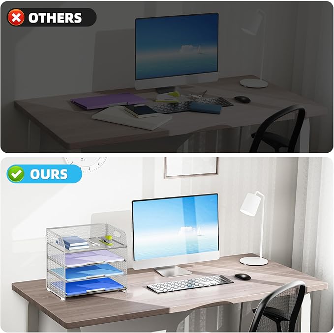 Marbrasse 4 Tier Paper Organizer Letter Tray - Mesh Desk File Organizer with Handle, Paper Sorter Organizer for Letter/A4 Office File Folder Holder (Silver, 12.6" x 9.1" x 10.7")-DeskLoop Office