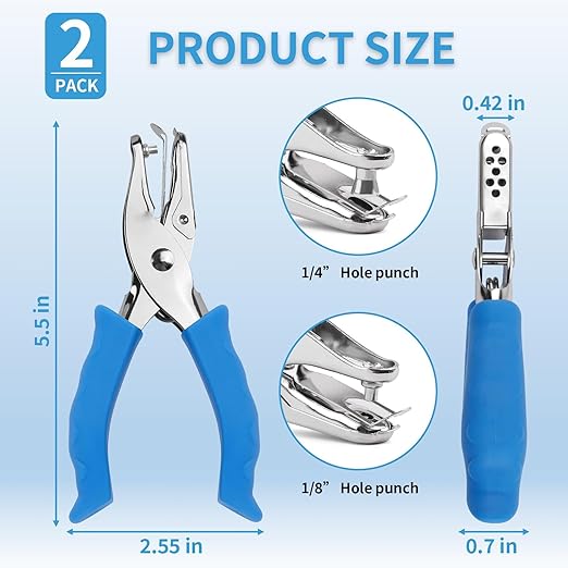 Single Hole Punch, 2 Pcs Hand Hole Puncher with Soft Grip Handle, 1/4" and 1/8" Small Hole Paper Punch for Crafts, Scrapbooks, 6 Sheets Capacity, Tags, Tickets - Blue-DeskLoop Office