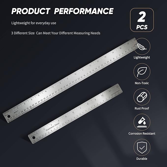 Frienda 2 Pcs Metal Ruler Cork Backed 12 Inch and 18 Inch Stainless Steel Rulers with Cork Backing Non Slip Straight Measure Edge for Student Graduation School Supply-DeskLoop Office