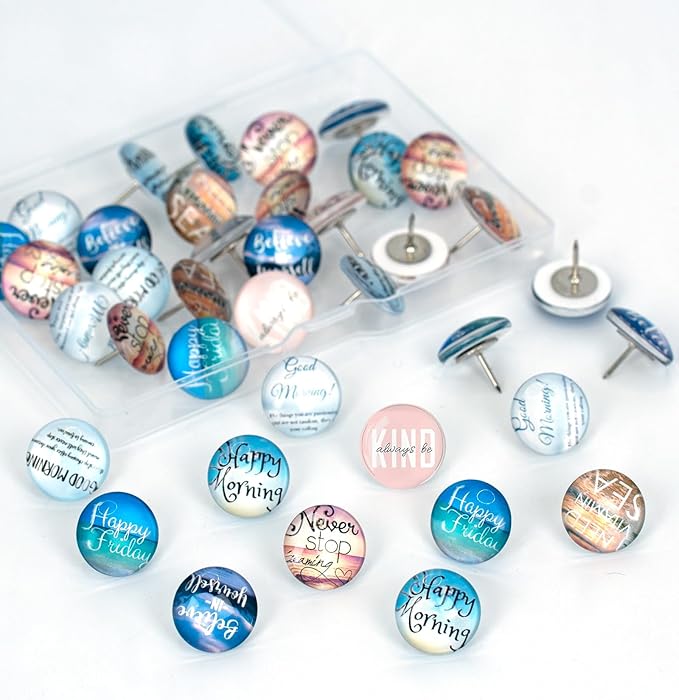 24Pcs Decorative Push Pins,Decorative Thumb Tacks for Bulletin Board, Cork Board Thumbtacks,Photos Wall Maps,Cute Thumbtack for Cubicle Decor,Classroom Decor,and Office Decor(Motivational-Moring)-DeskLoop Office
