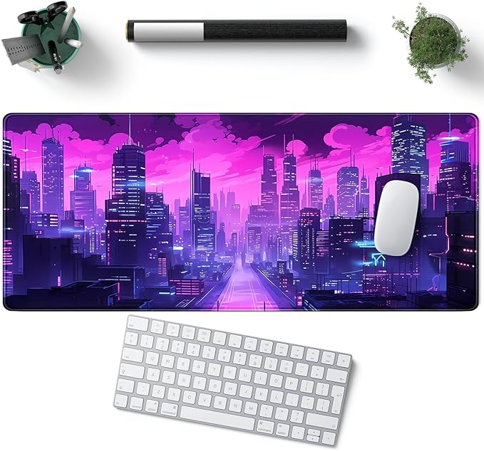 Desk Pad Cyberpunk Purple Desk Mat City Skyline Gaming Extended Mouse Pad Big Office Keyboard Pc Laptop for Women Large Mousepad with Stitched Eges Non-Slip Base Mouse Keyboard Mat 31.5x11.8 in-DeskLoop Office